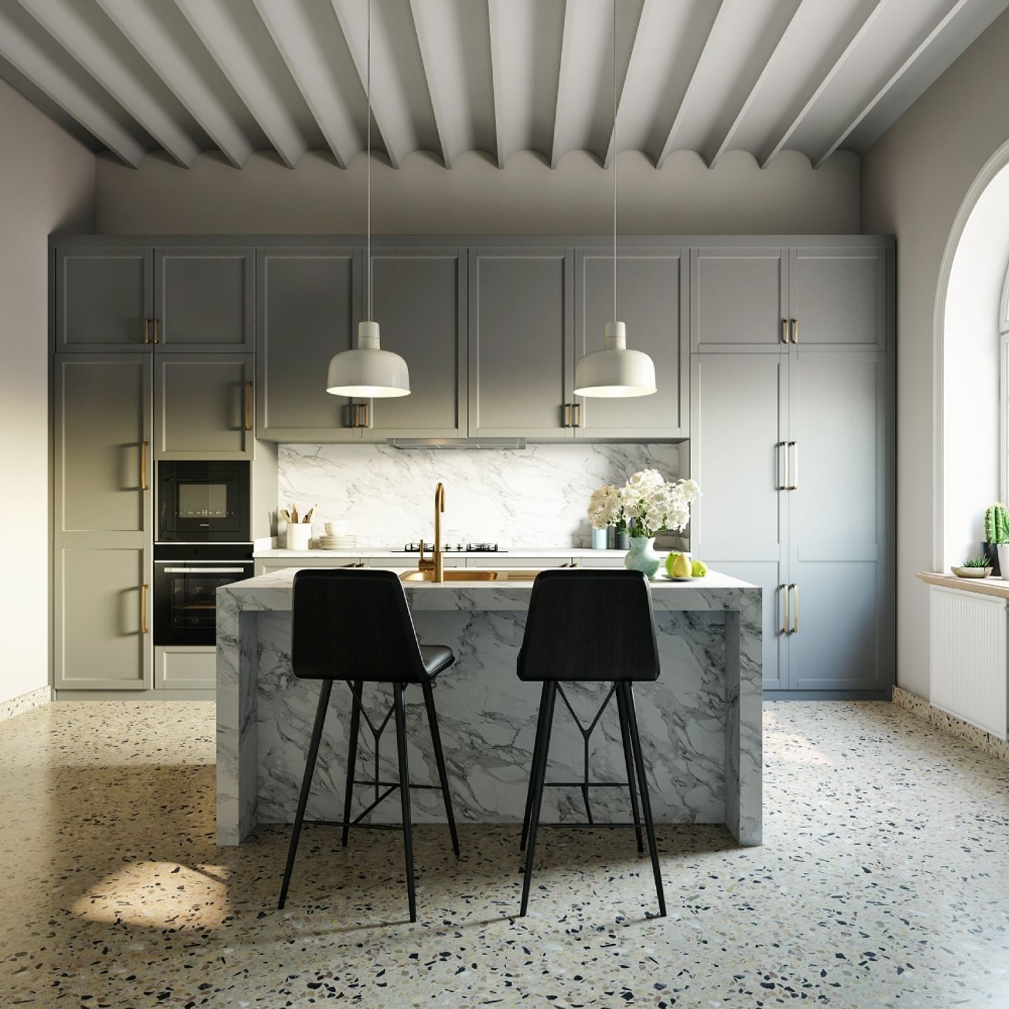 Grey Island Kitchen Design - Livspace