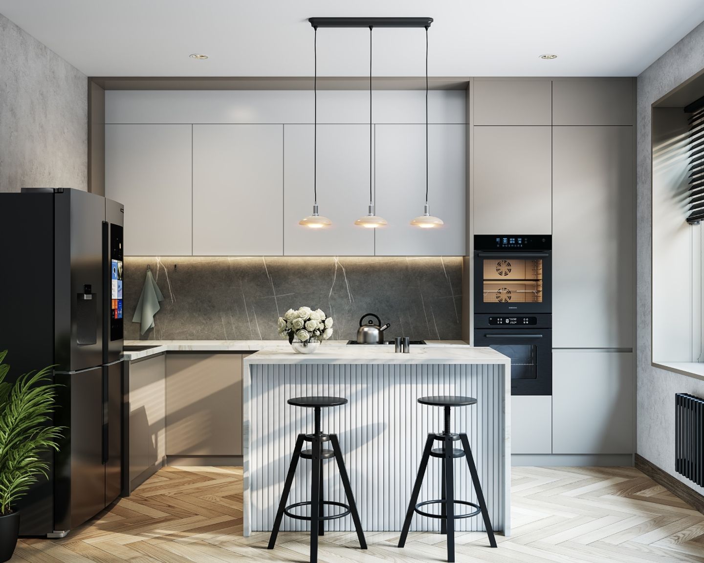 Grey Minimalist Kitchen Design With White Island - Livspace