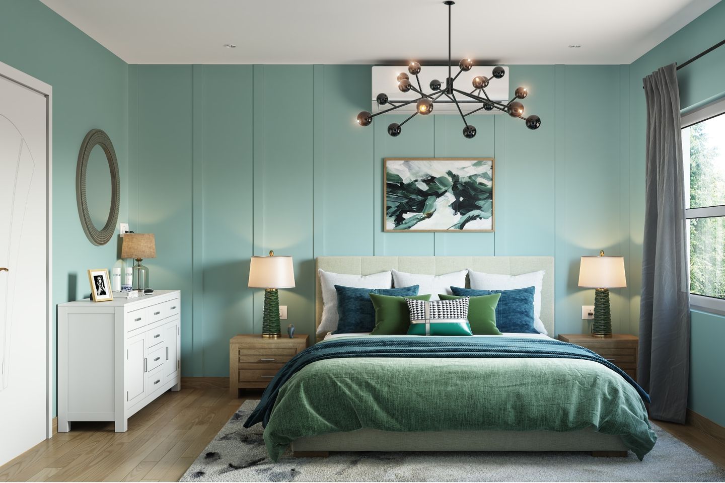 Master Bedroom Design With Pastel-Coloured Walls And Light Wooden ...