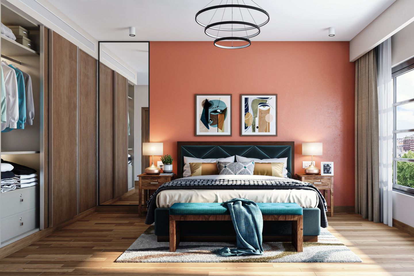 14X16 Ft Mid-Century Modern Spacious Bedroom Design - Livspace