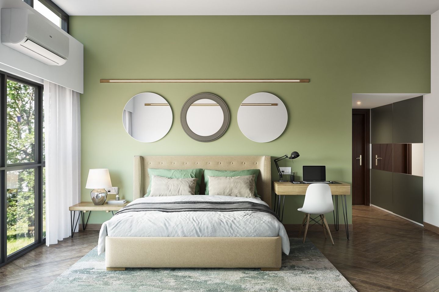 12X12 Ft Mid Century Modern Bedroom Design With Wooden TV Unit - Livspace