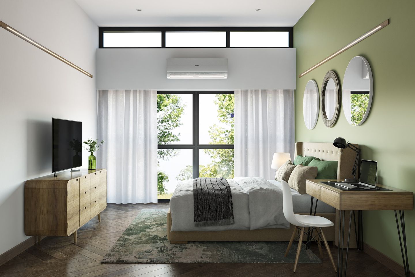 Mid-Century Modern Bedroom Design With Green Accent Wall And Study Table