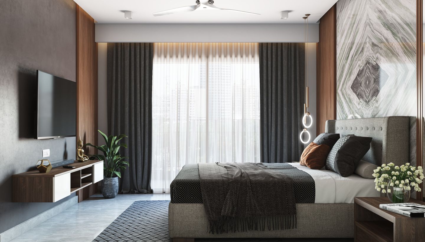 Modern Master Bedroom Design With Elegant Marble Wall Tile