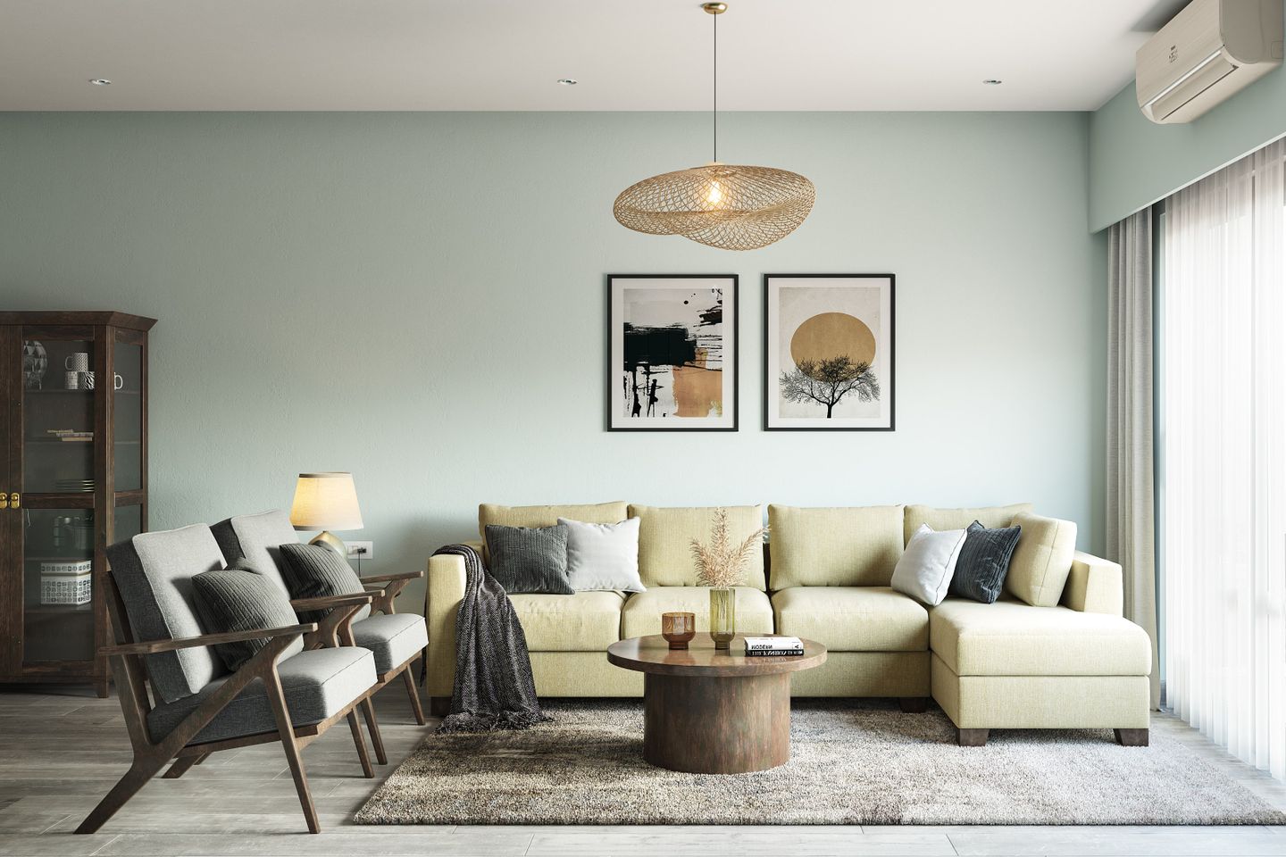Living Room Design With A Cane Drop Light - Livspace