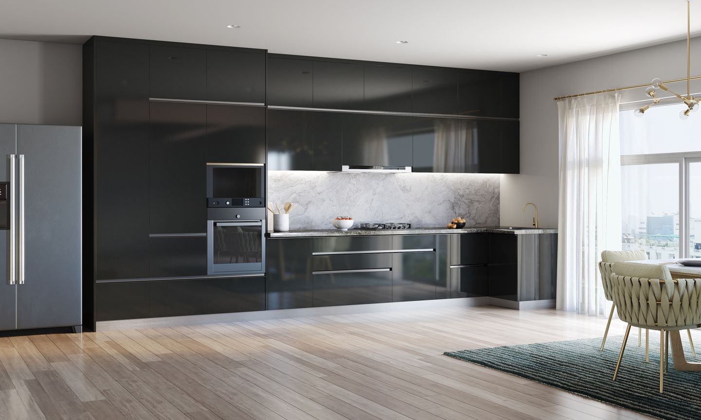 The black cabinets give this L-shaped modular kitchen design a ...