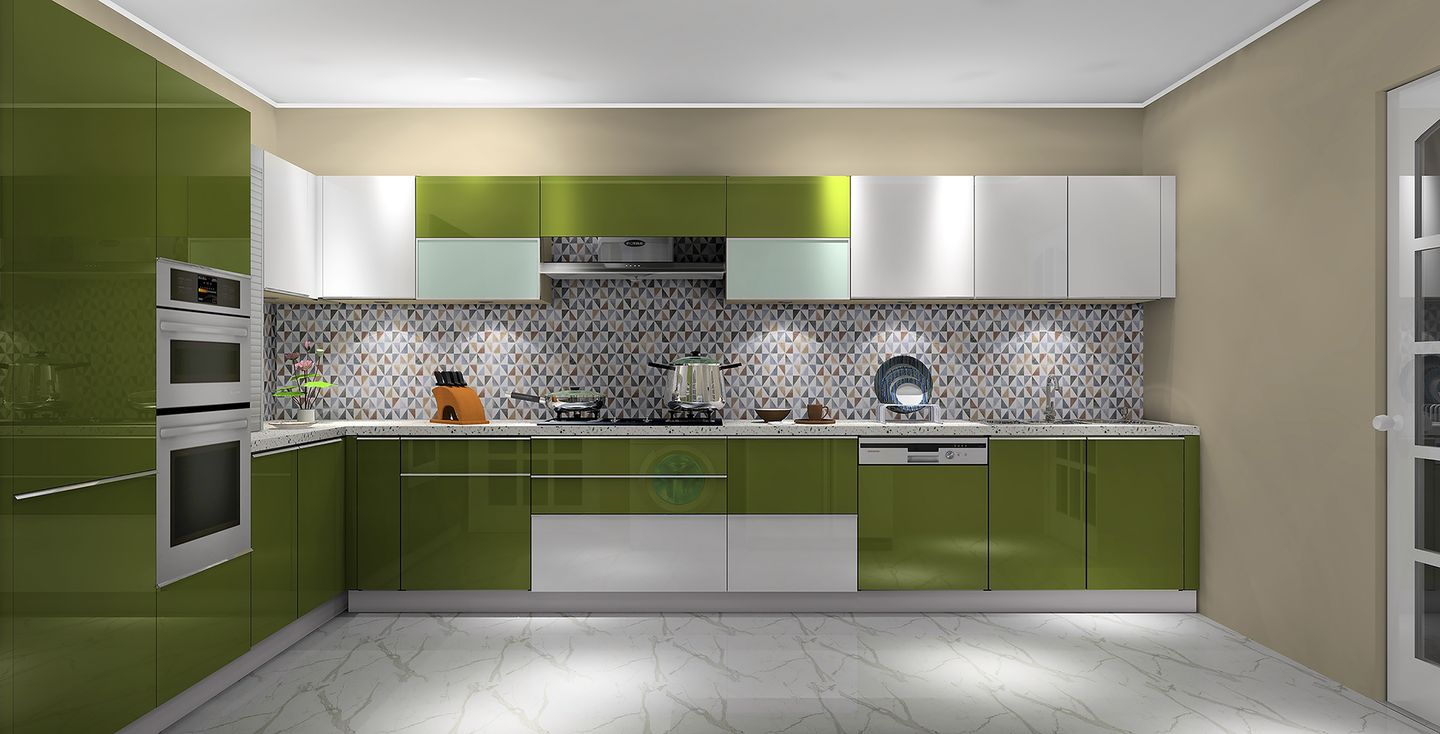 Green LShaped Contemporary Kitchen