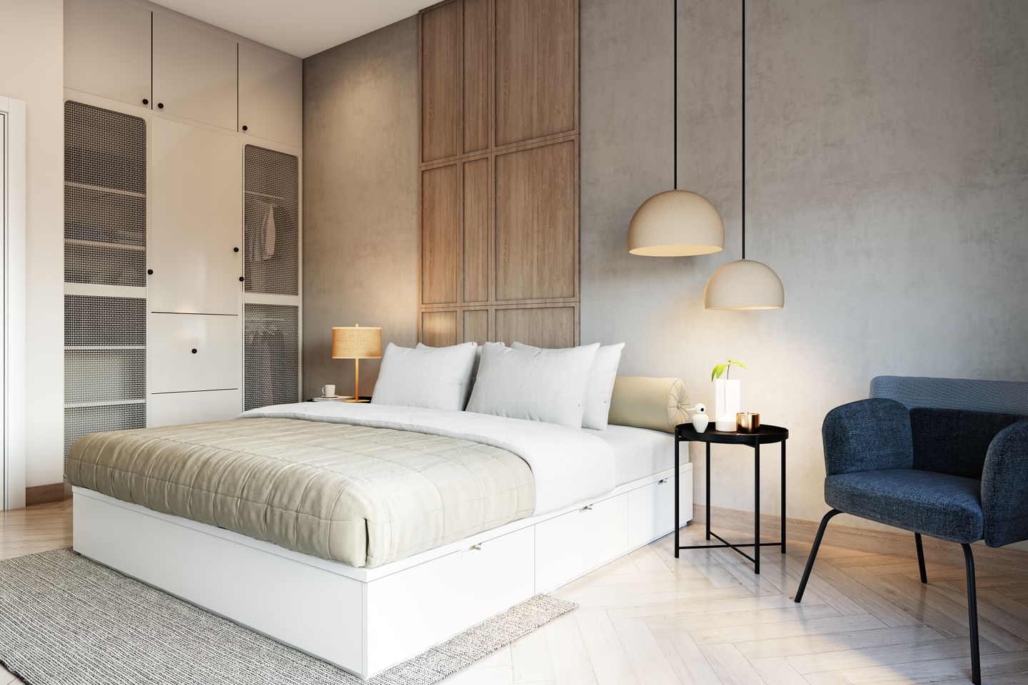 Beige And Grey Spacious Master Bedroom Design With Wardrobe Livspace