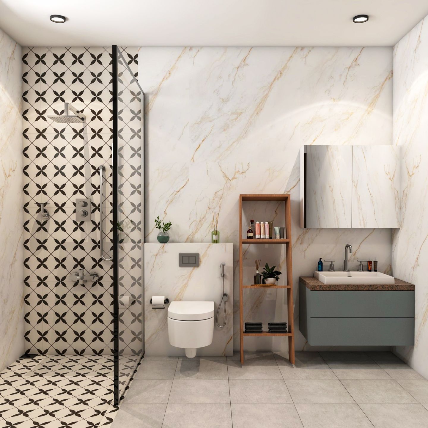 White And Grey Bathroom Design - Livspace
