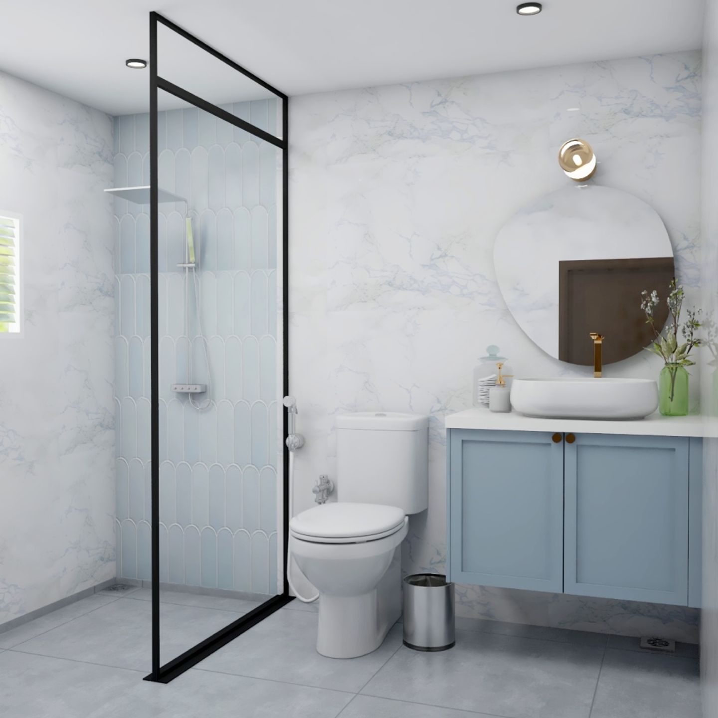 White Bathroom Design With Blue Vanity Unit - Livspace