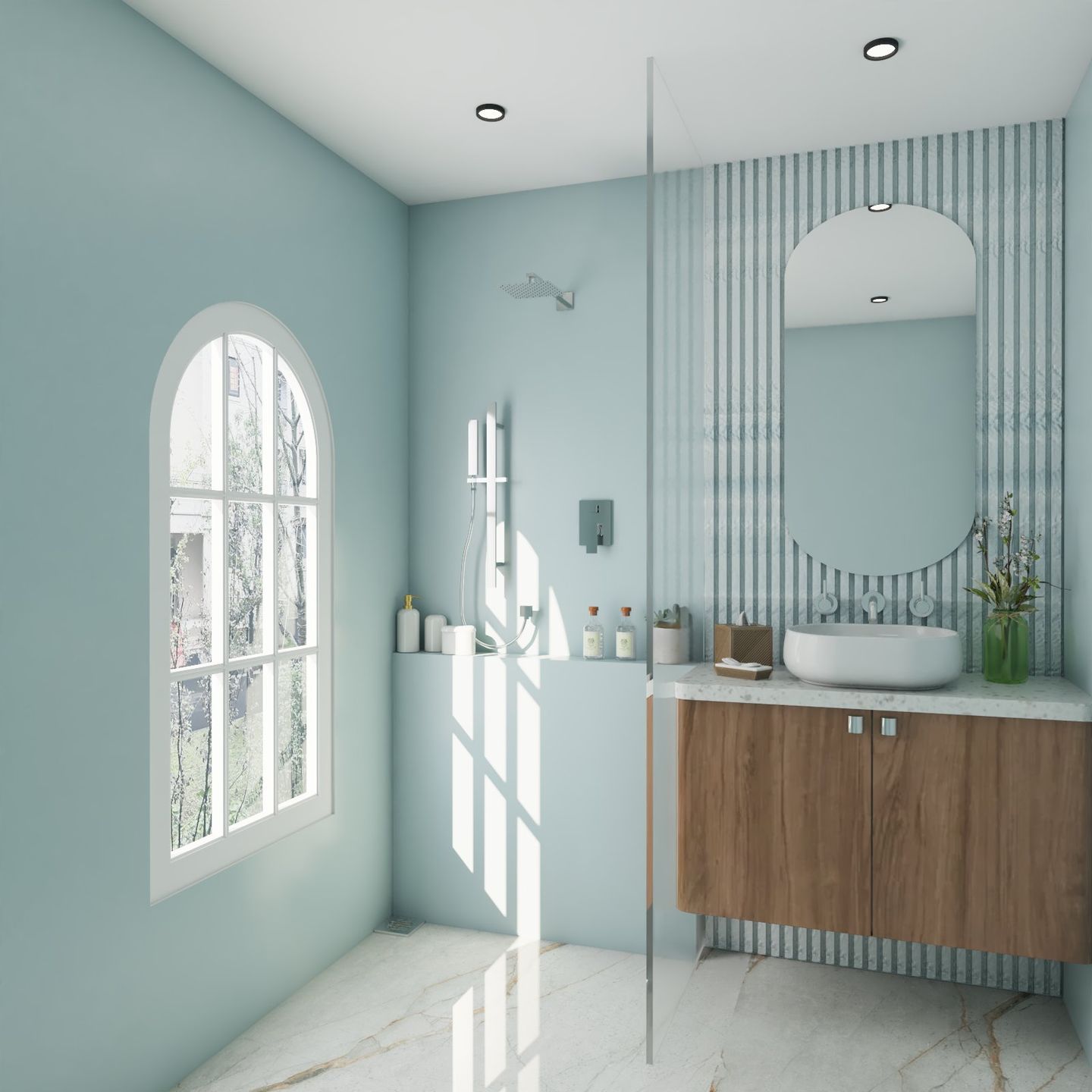 SpaceSaving Modern Sky Blue Bathroom Design & Circular Mirror Livspace