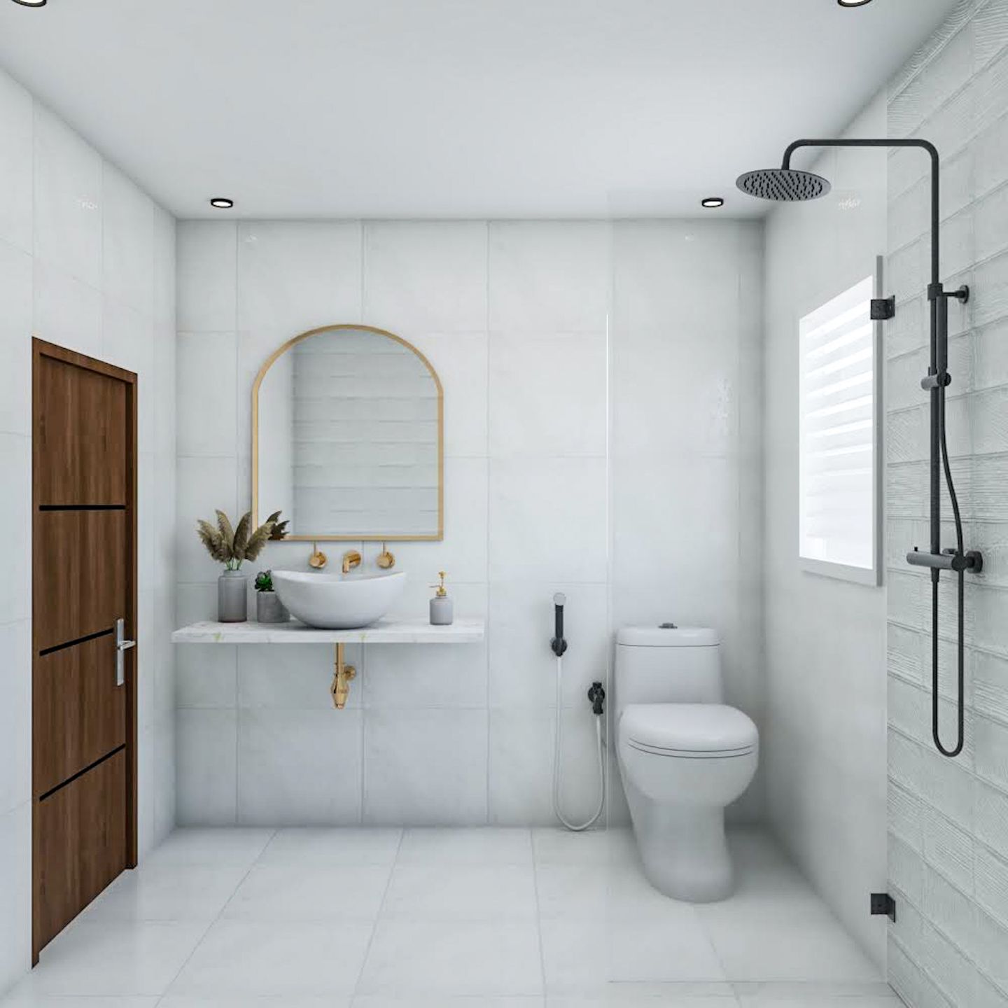 All-White Bathroom Design With Arched Mirror - Livspace