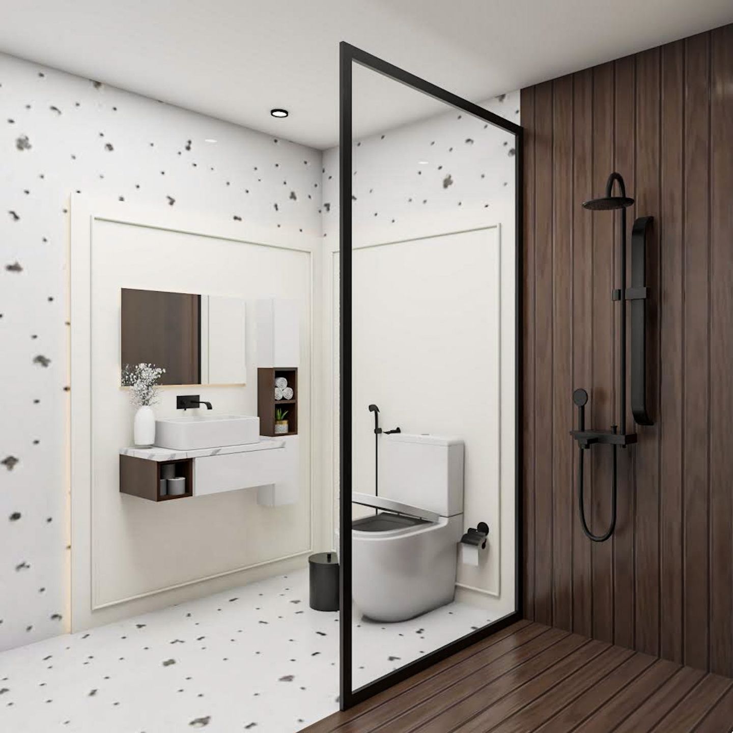 Contemporary Bathroom Design With Granite Elements And Round Mirror - Livspace