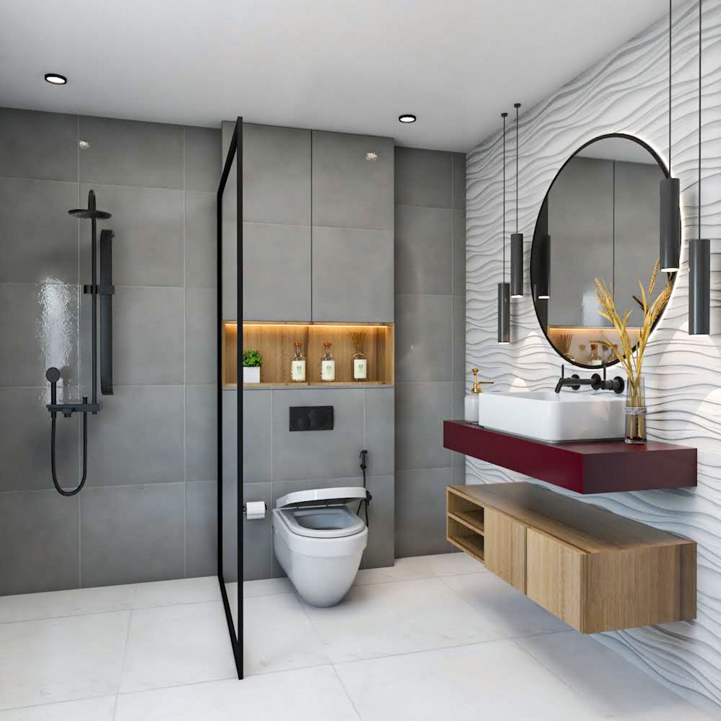 Bathroom Design With Wall Tiles With A Wave Design - Livspace