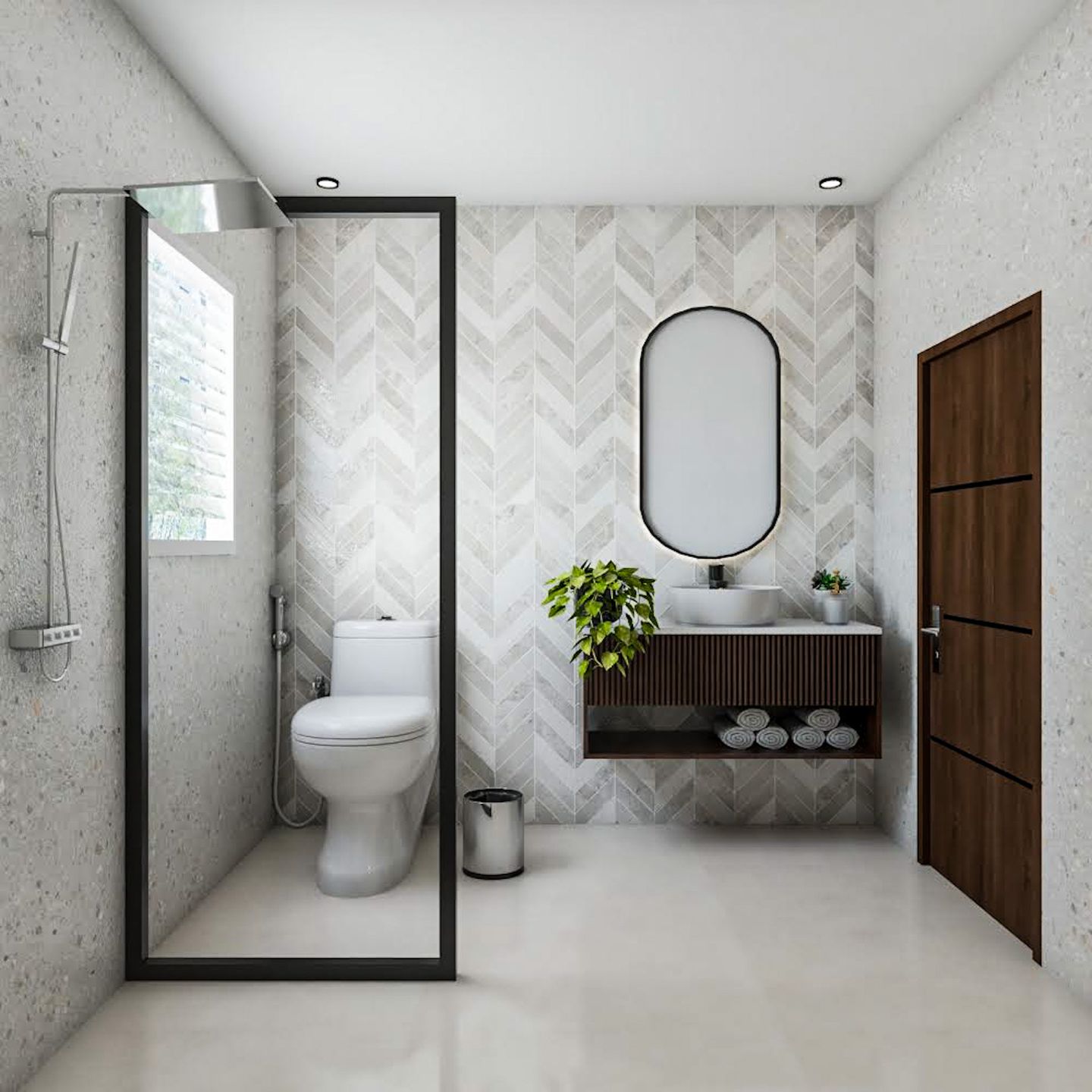Bathroom Design With White And Grey Herringbone Accent Wall - Livspace
