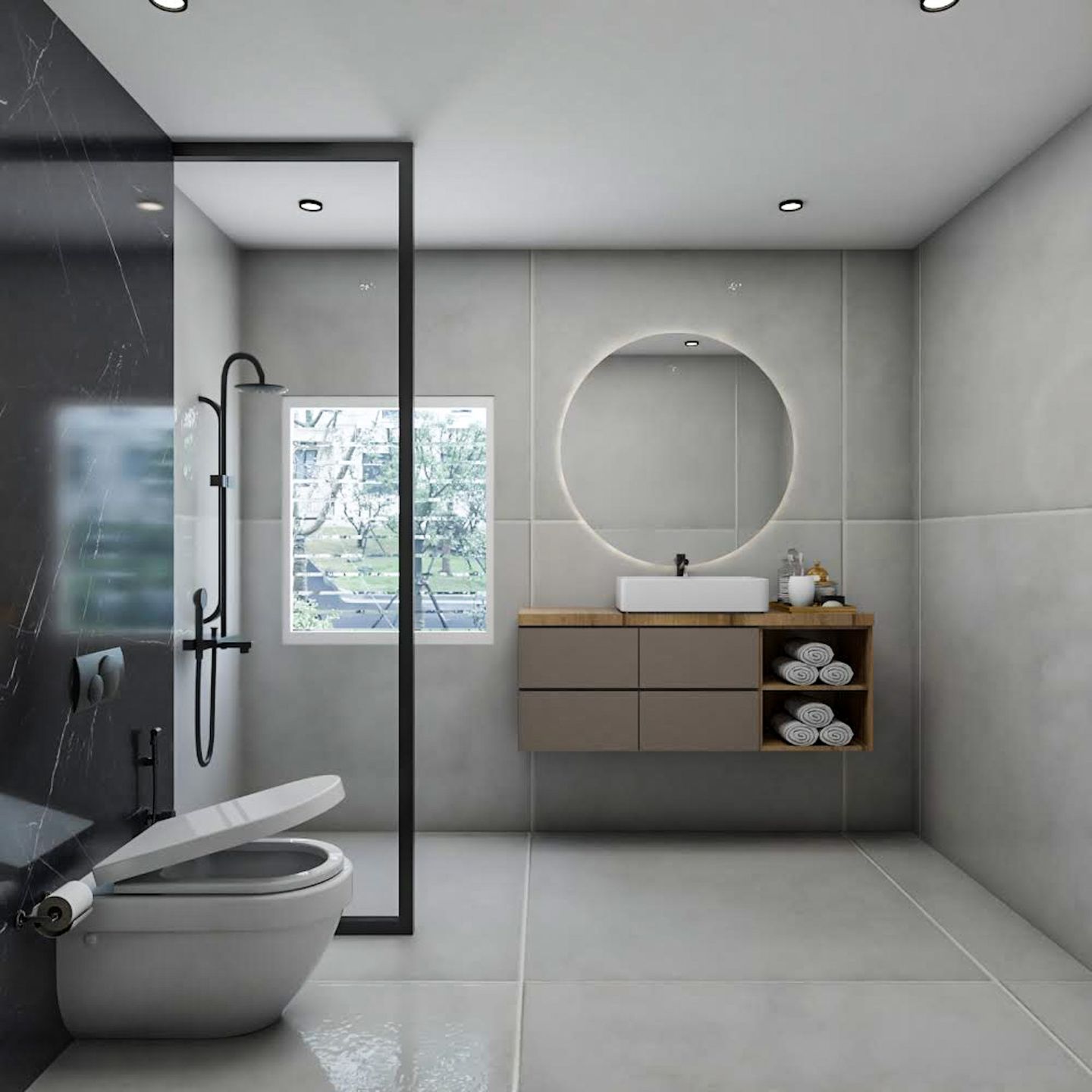 Compact Bathroom Design With Grey And Black Tiles | Livspace