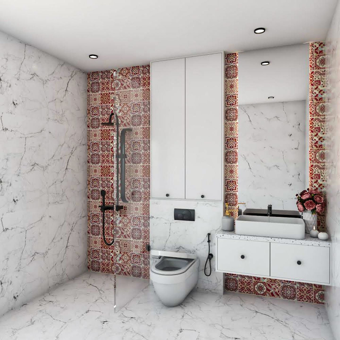 Bathroom Design With Red And White Tiles - Livspace