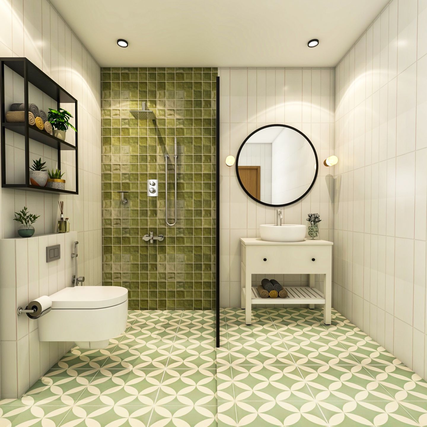 Green And White Bathroom Design With White Bathroom Cabinet And Black-Framed Wall-Mounted Open Storage - Livspace