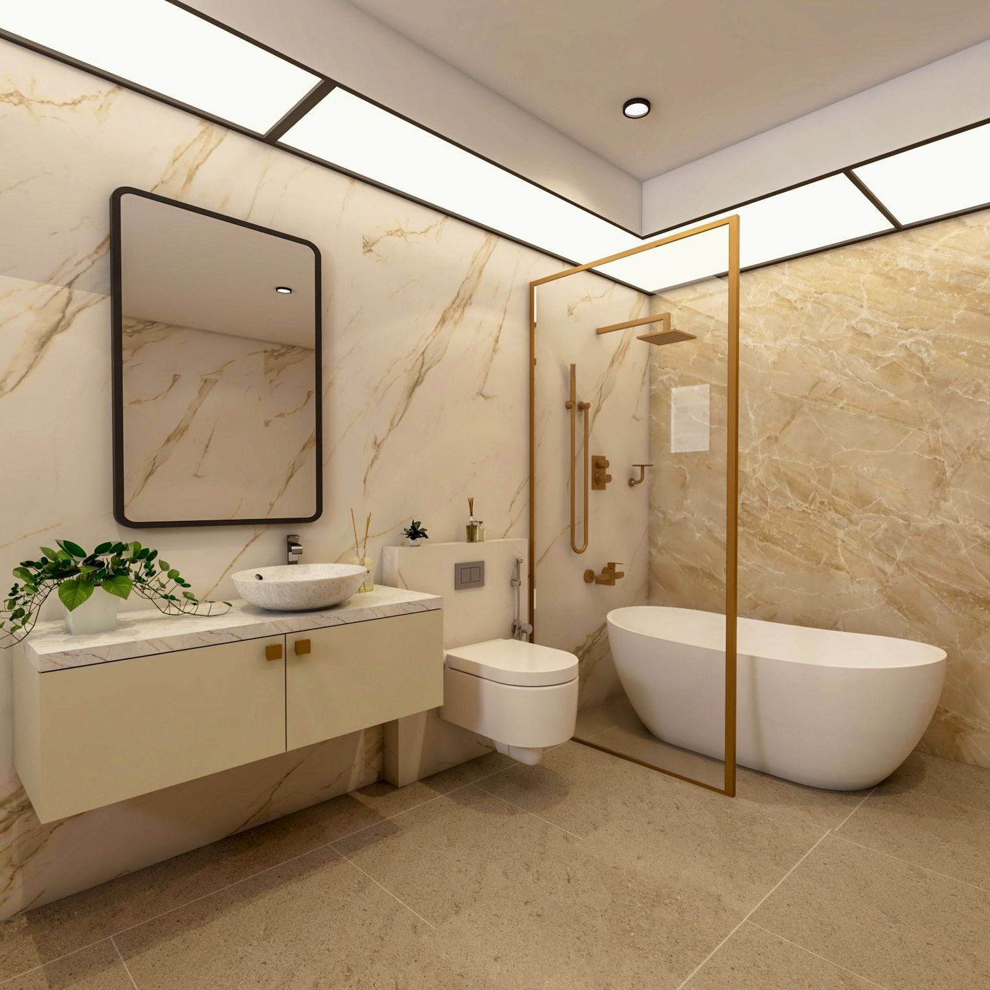 Marble Bathroom Design With Bathtub And White Vanity Unit - Livspace