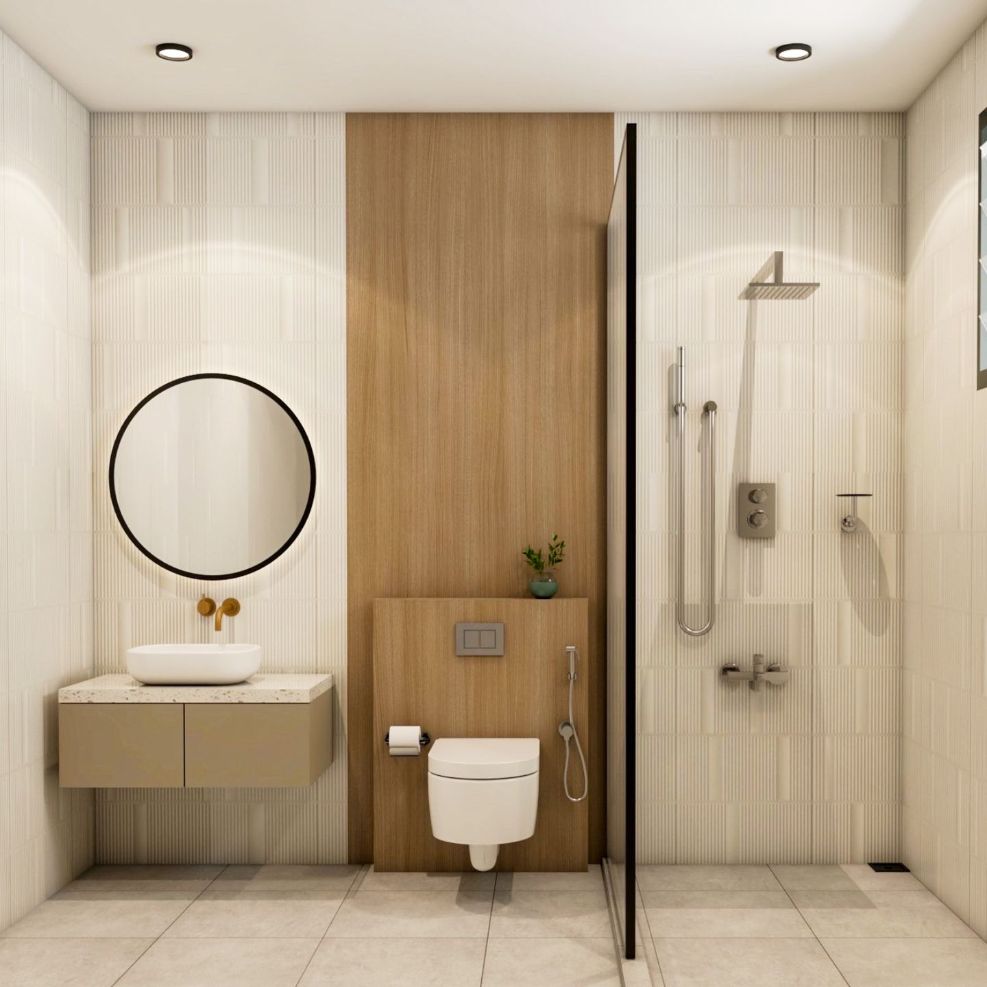 Beige And Wood Bathroom Design With Circular Mirror - Livspace