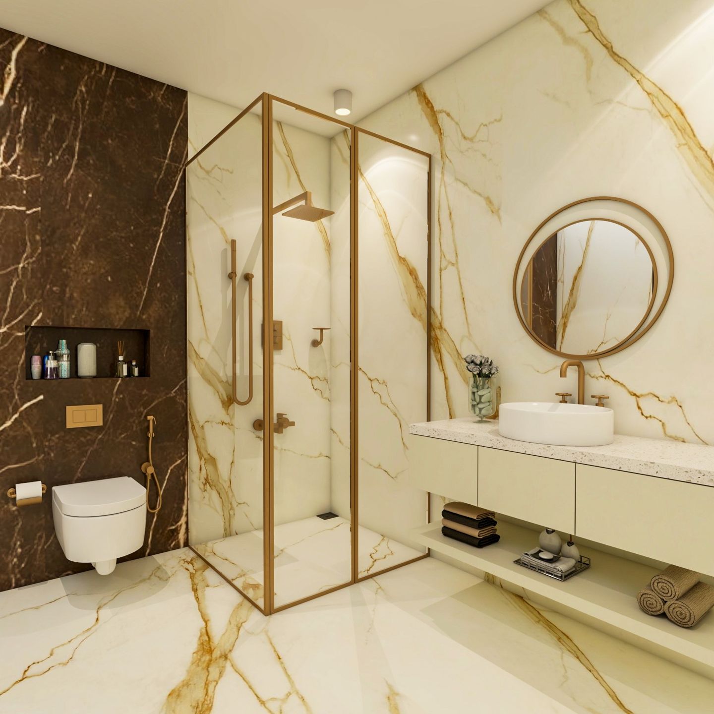 White, Gold And Brown Bathroom Design With Marble Wall And Flooring - Livspace