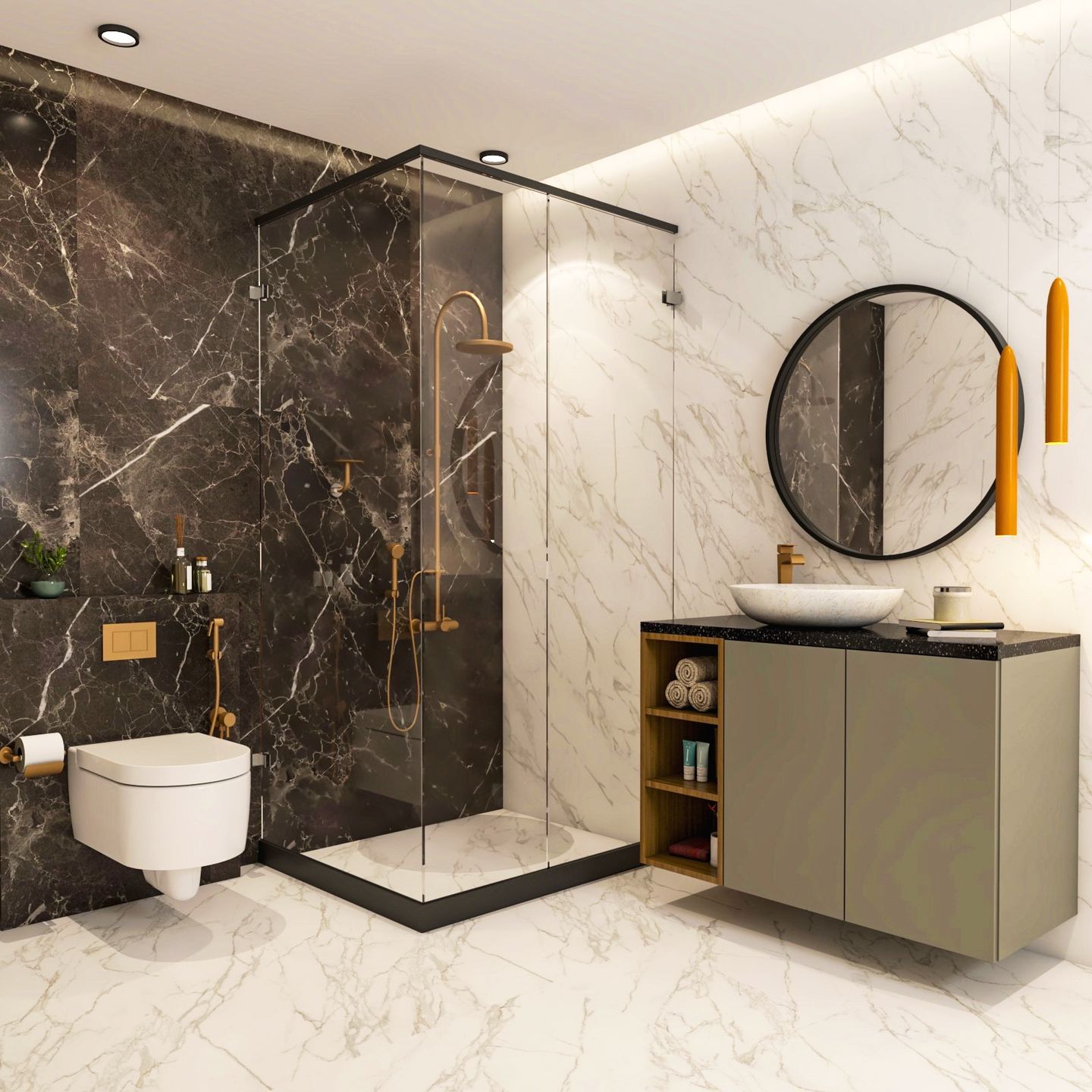 Dark Marble Bathroom Design With Wooden Vanity - Livspace
