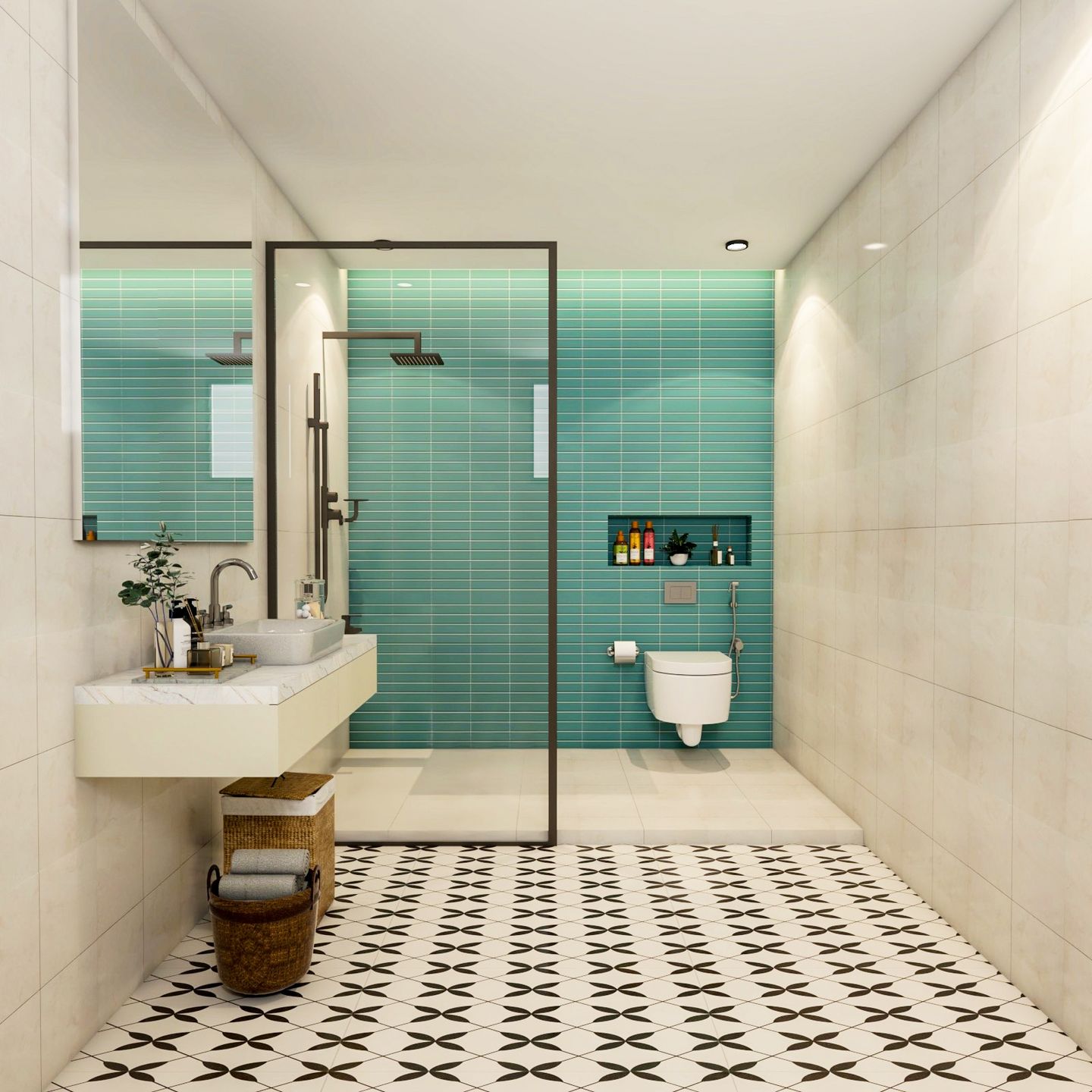 Bathroom Design With Blue And Cream Tiles - Livspace