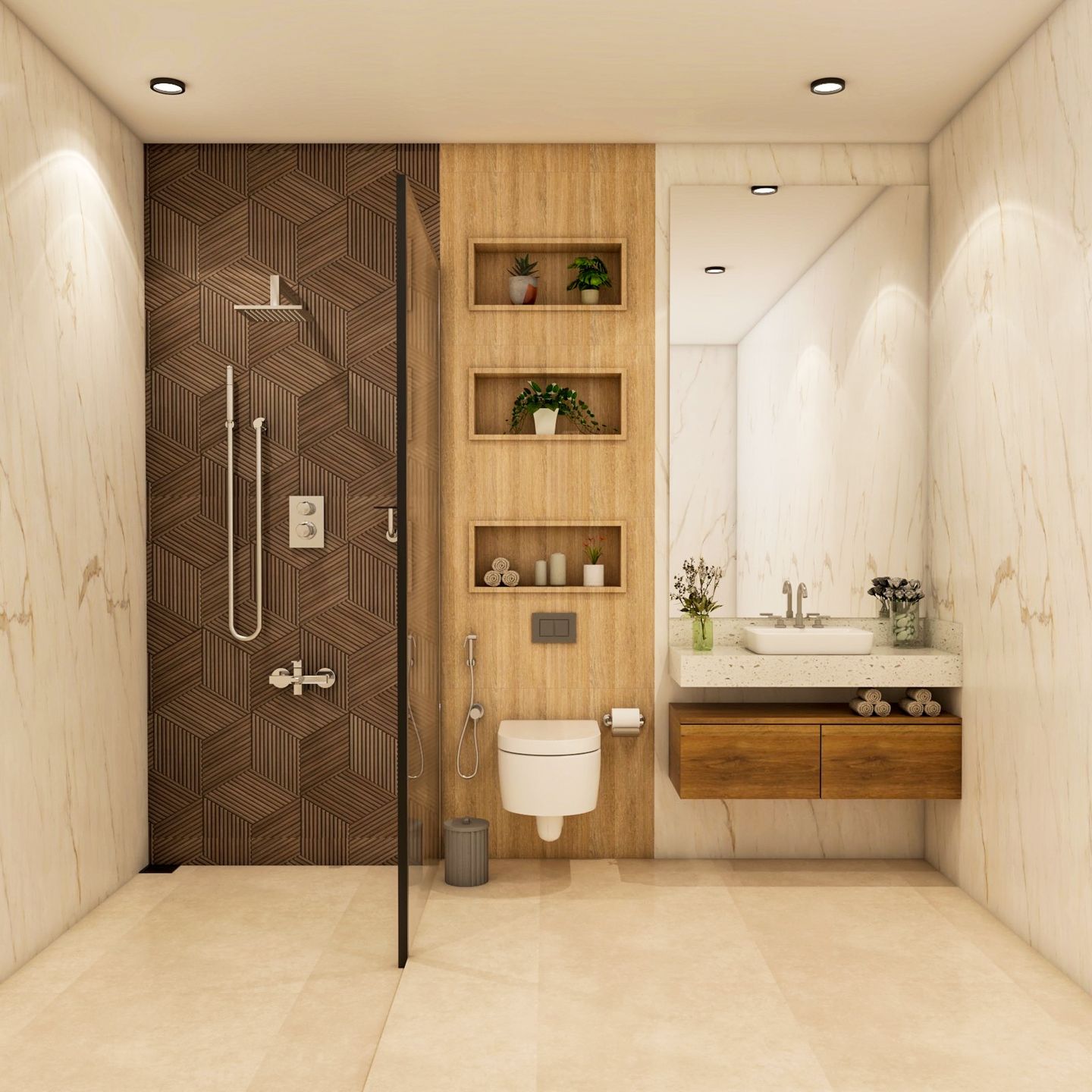 Bathroom Design With Beige Flooring Tiles - Livspace