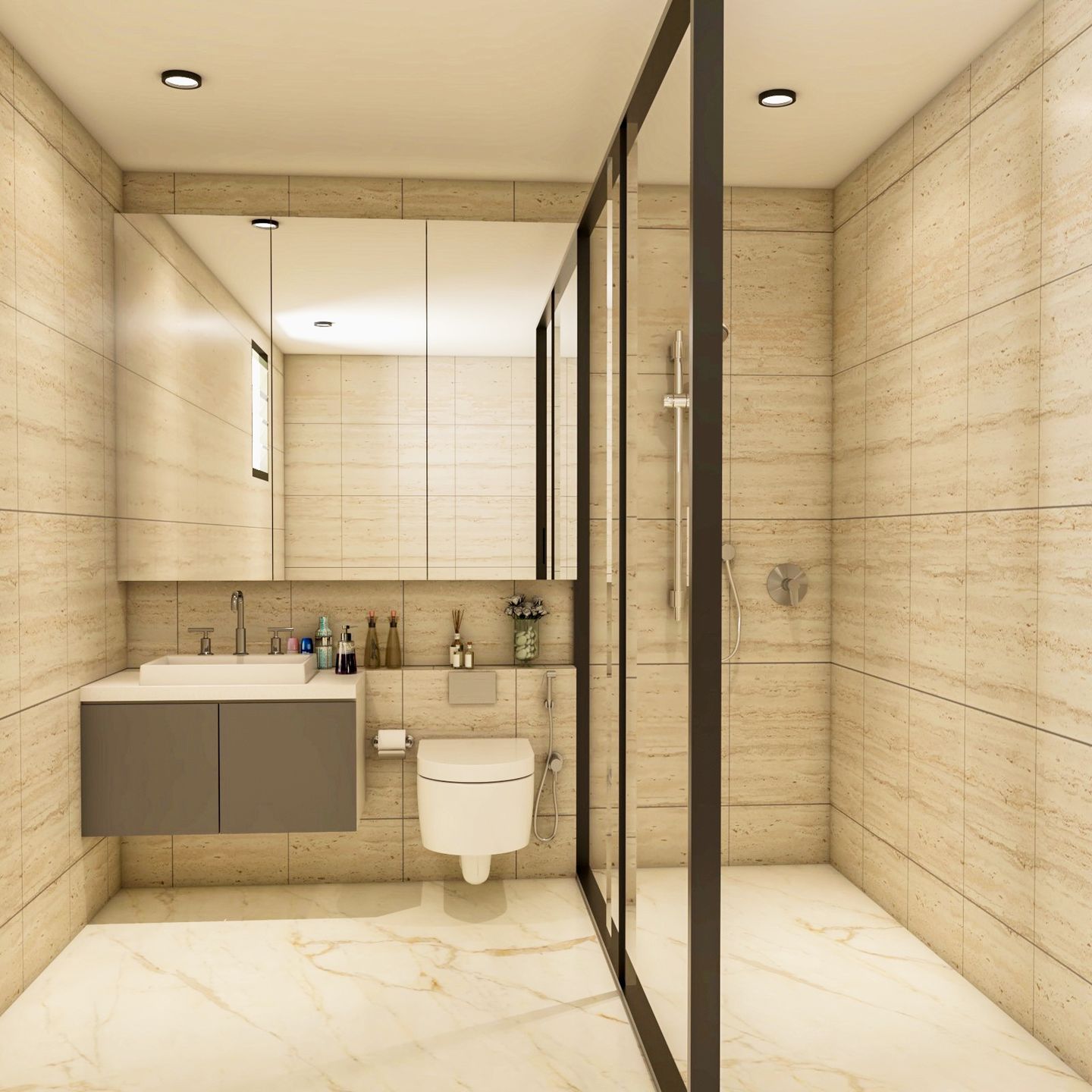 Beige And White Bathroom Design With Mirror - Livspace