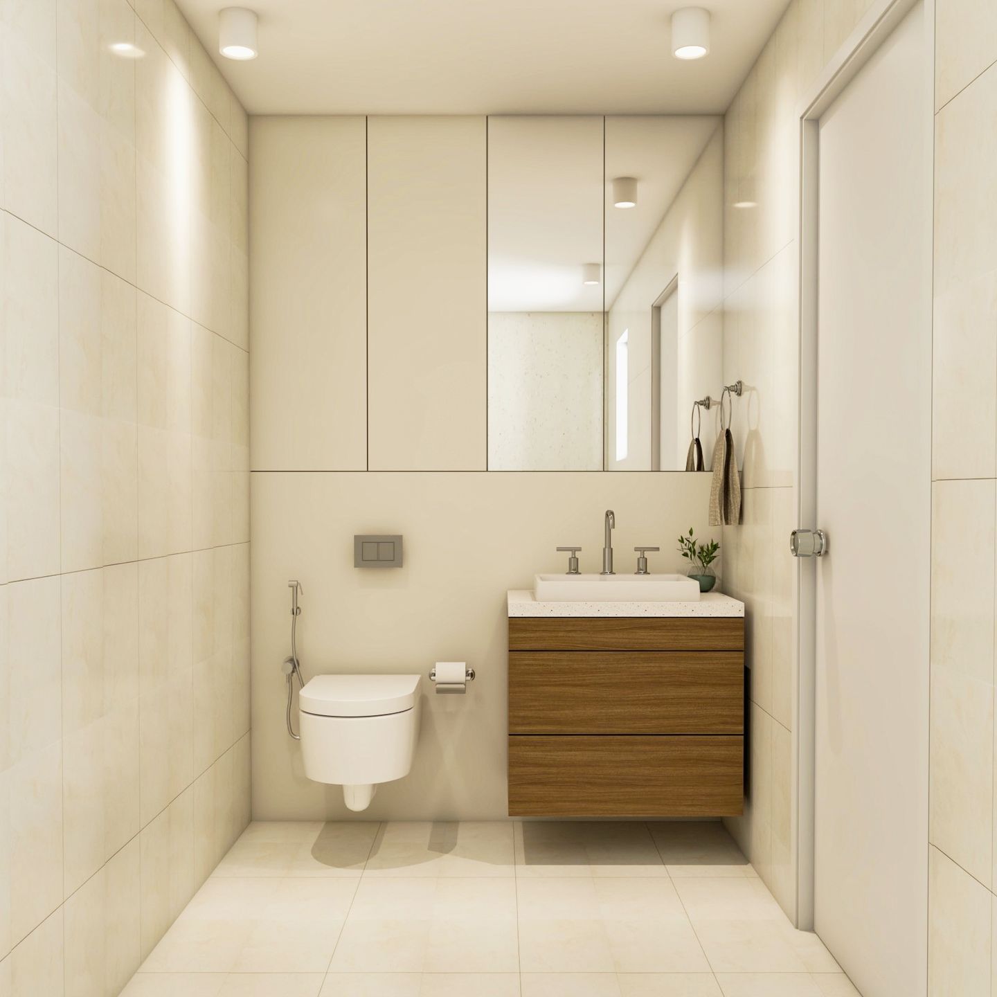 White Scandinavian Bathroom Design With Wooden Storage Unit - Livspace