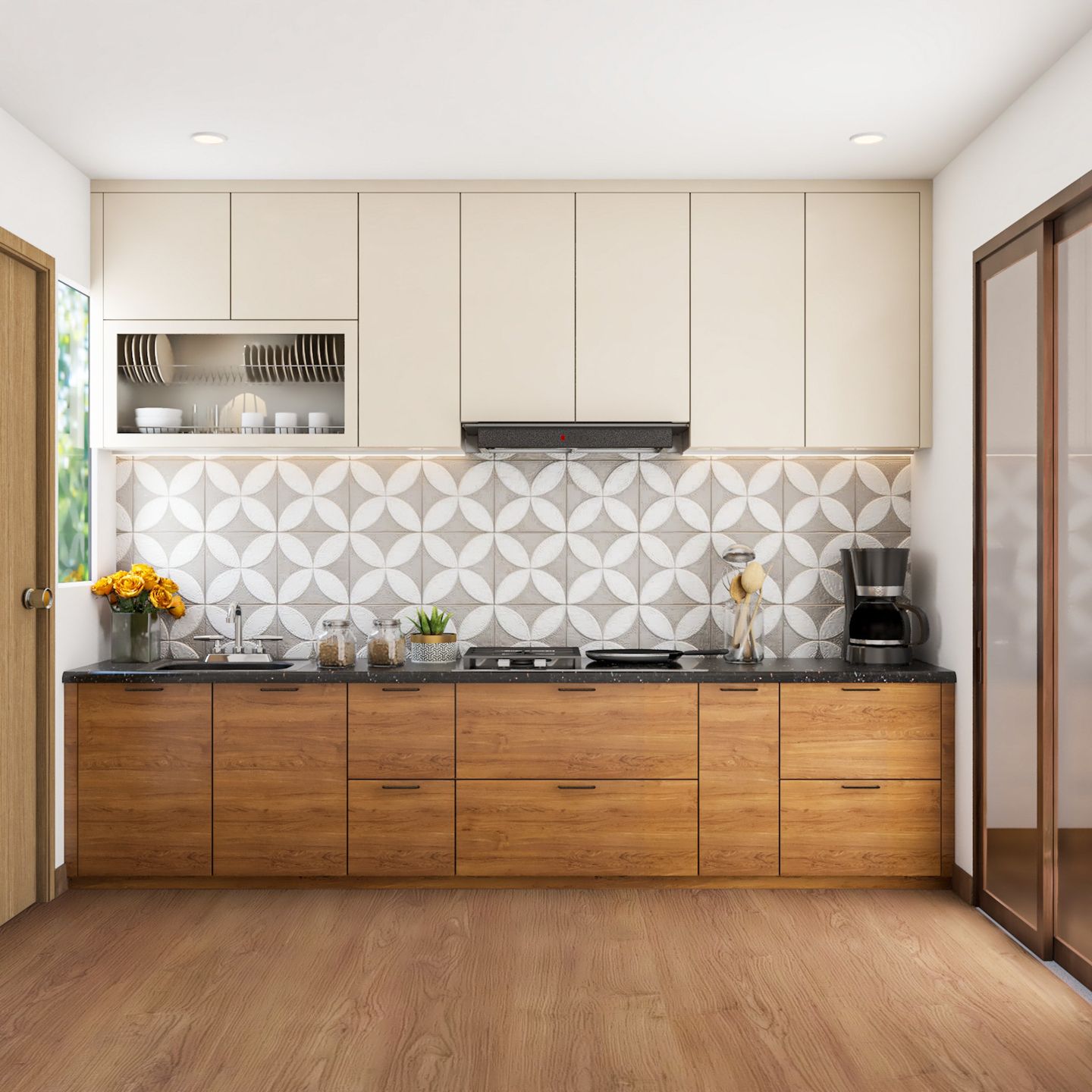 Scandinavian Kitchen Design With Wooden Flooring - Livspace