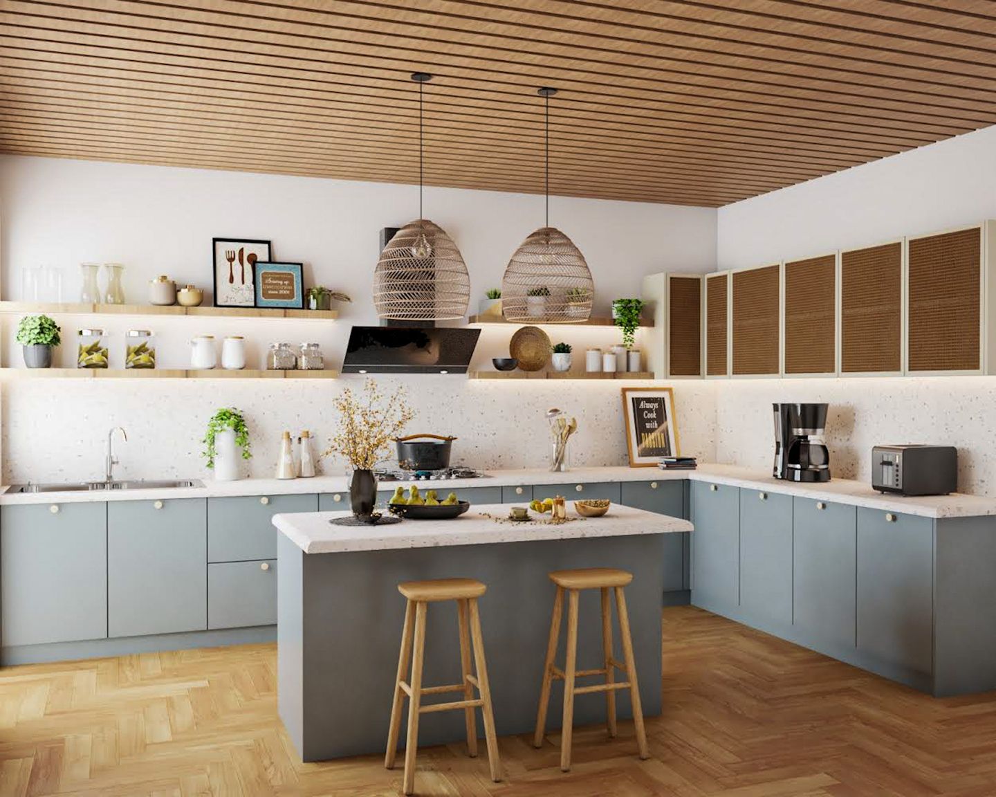 Kitchen Design With Blue And Brown Storage Units - Livspace