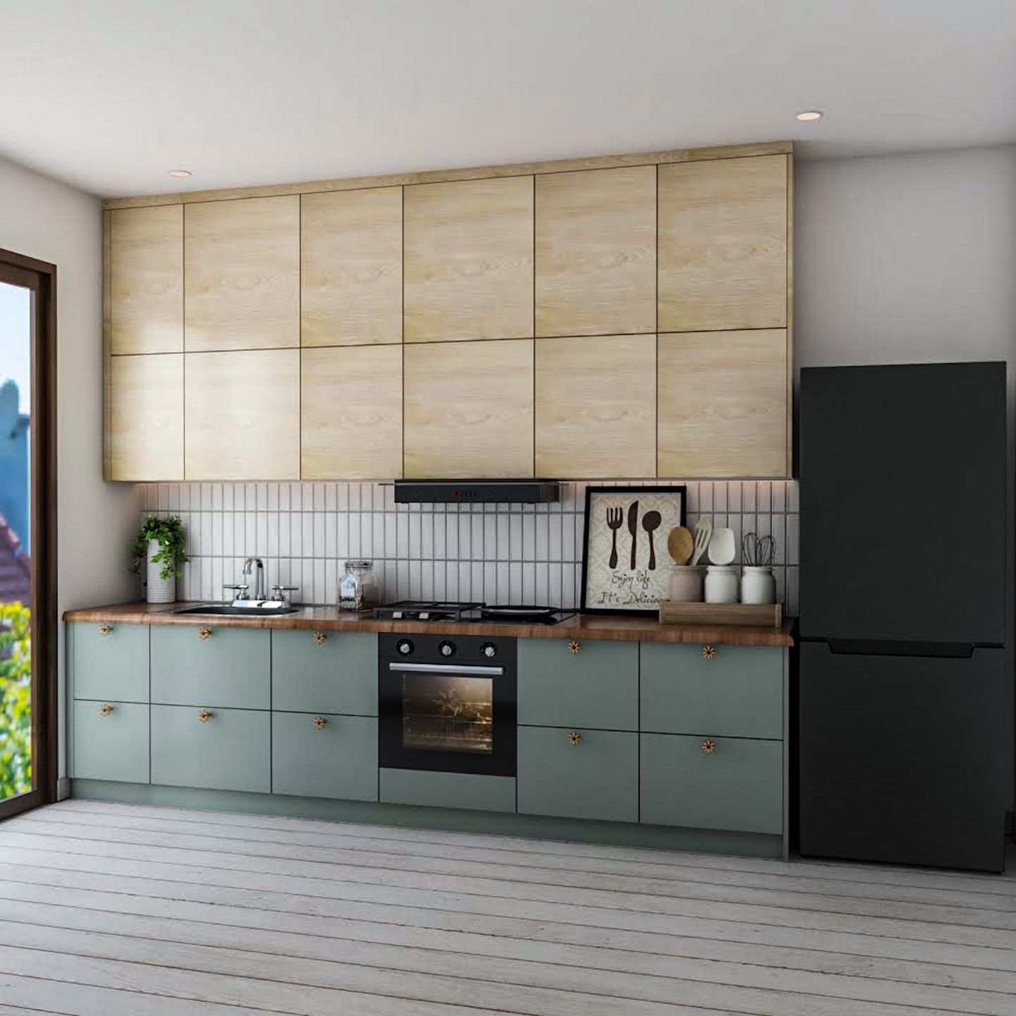 Straight Green And Beige Kitchen Design - Livspace