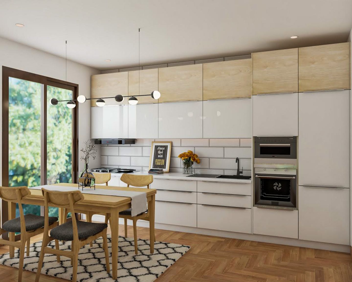 White And Wood Kitchen Design With 4-Seater Dining Room - Livspace