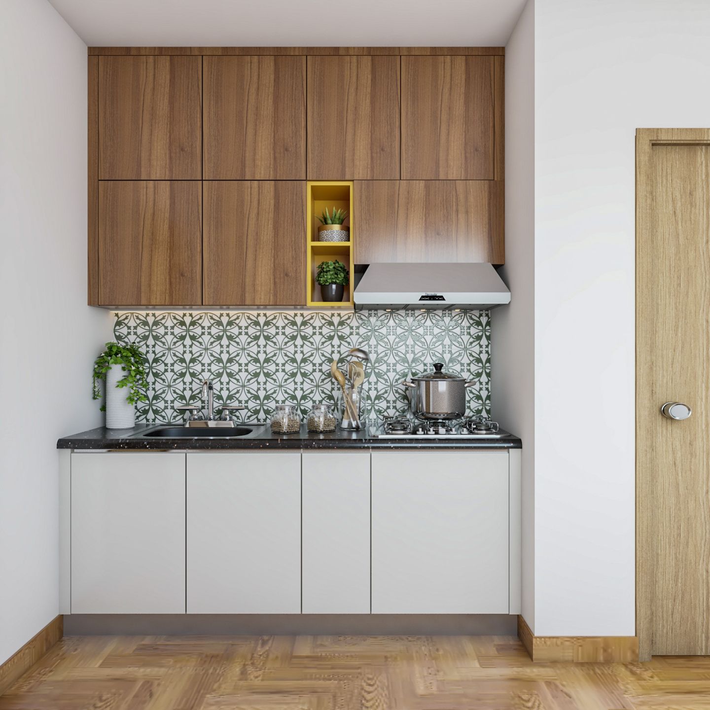 Straight Kitchen Design With Wooden Loft Storage - Livspace