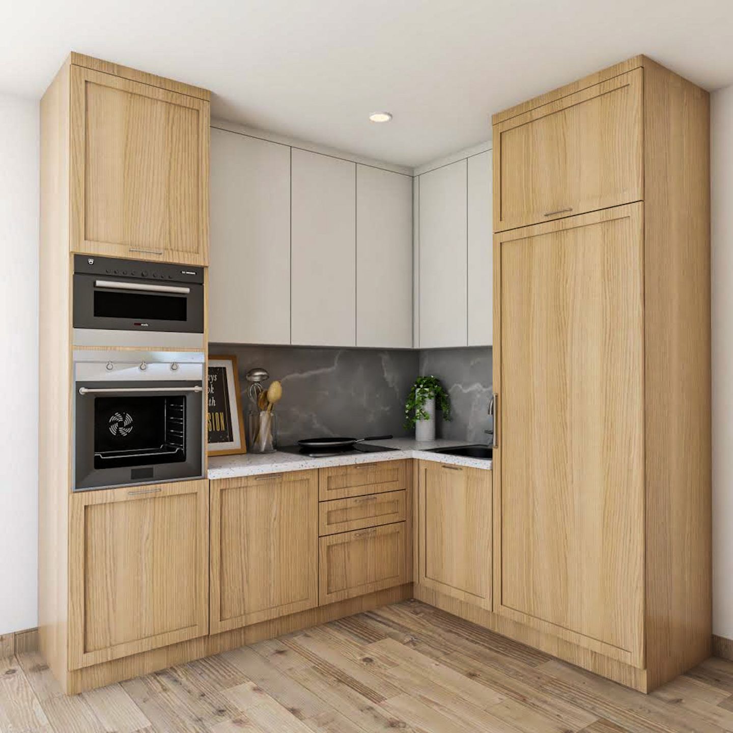 White And Wood L-Shaped Scandinavian Kitchen Design - Livspace