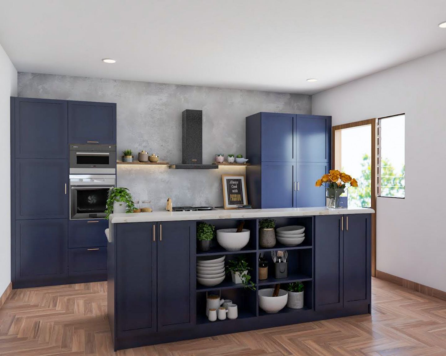 Blue Open Kitchen Cabinet Design With Island - Livspace