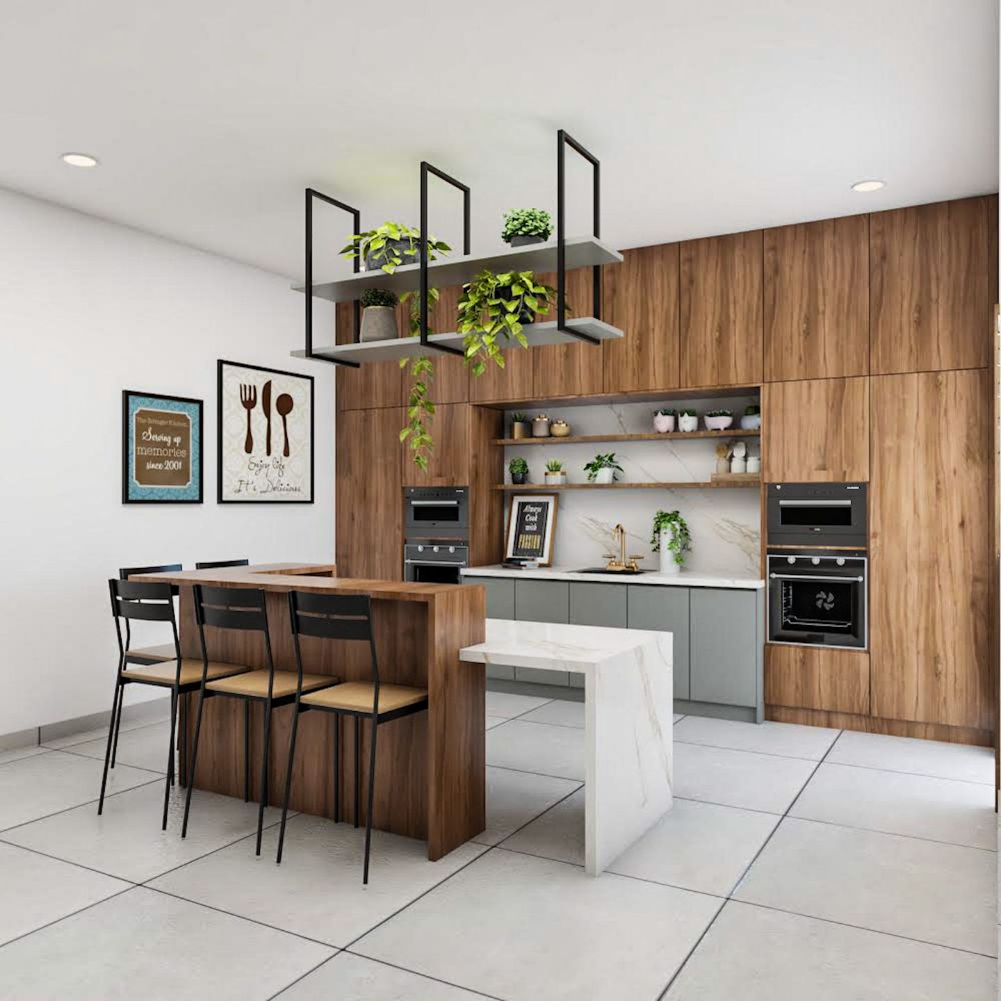 Contemporary Wood Kitchen Design With Breakfast Counter - Livspace