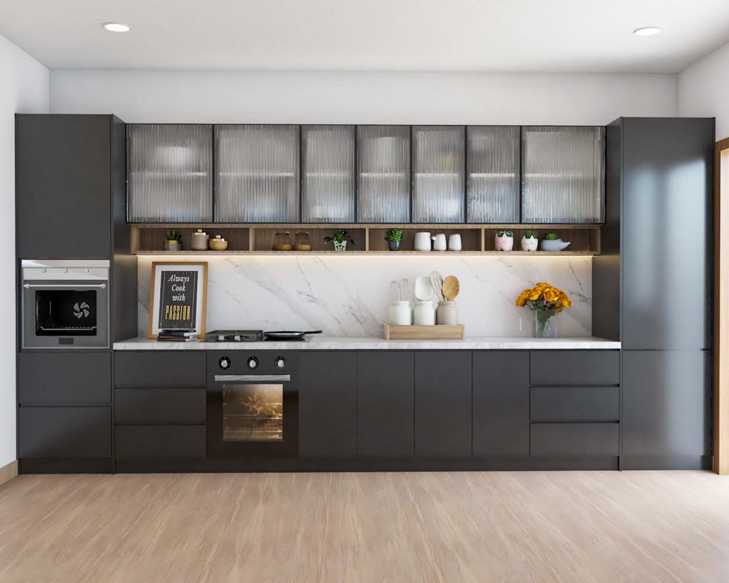 Straight Black Kitchen Design With Fluted Glass Shutters - Livspace