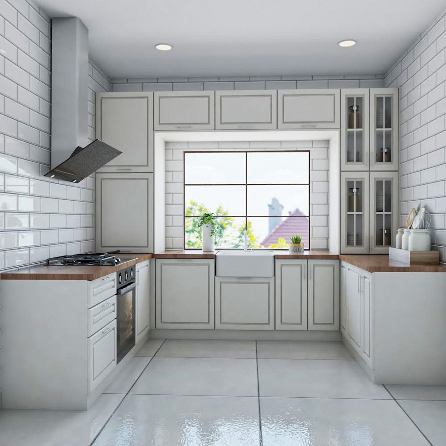 All-White U-Shaped Kitchen With White Subway Tiles - Livspace