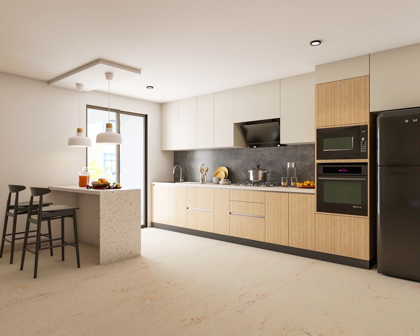 Straight White And Wood Kitchen Design With Quartz Breakfast Counter - Livspace