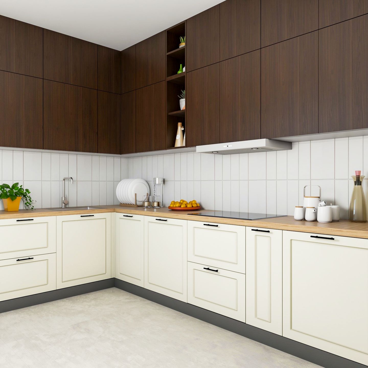 Contemporary White And Brown L Shape Kitchen Design - Livspace