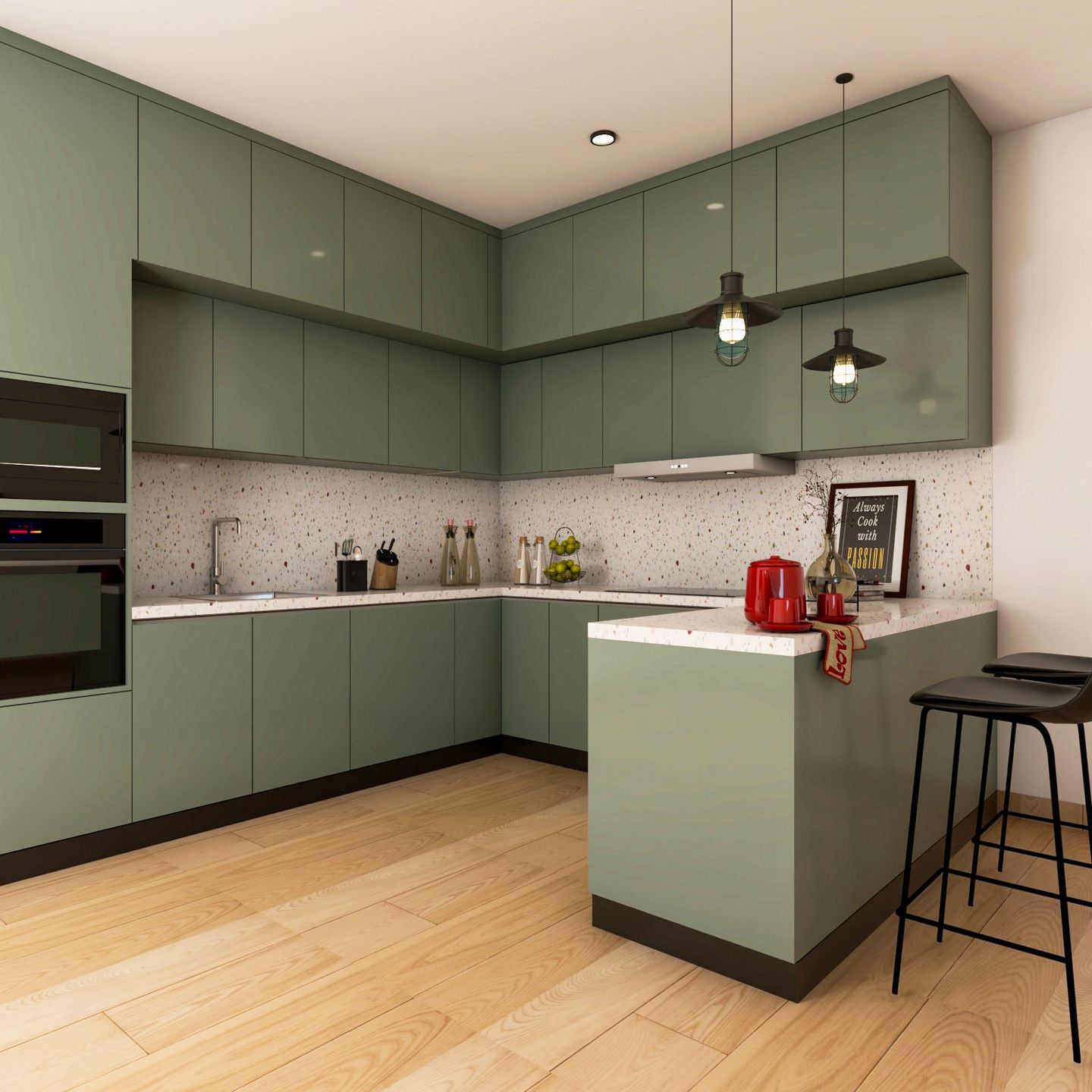 Contemporary Green Island Kitchen Design - Livspace