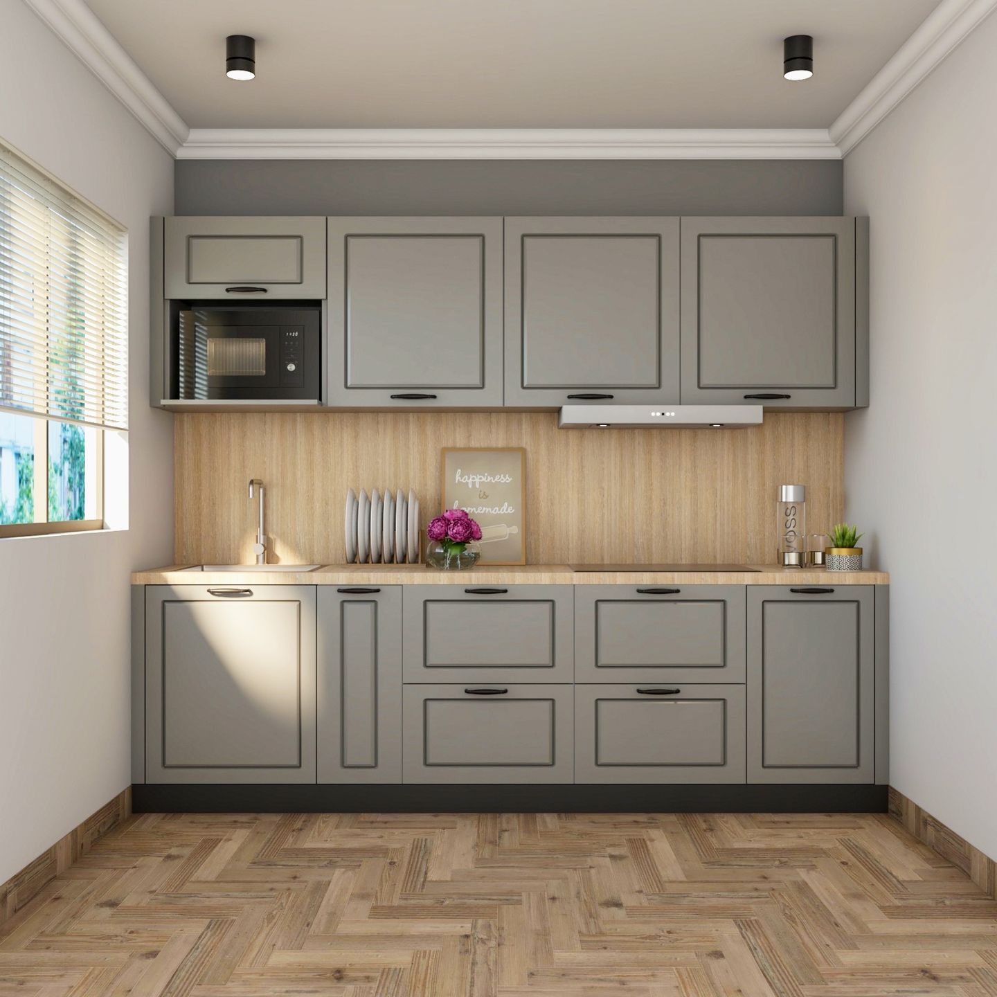 Straight Grey And Wood Kitchen Design With Wooden Backsplash - Livspace