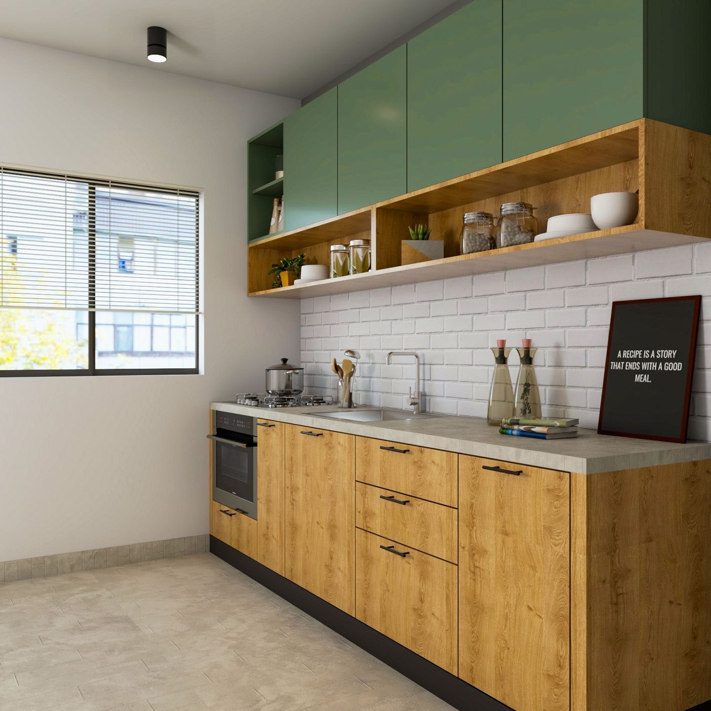 Wood And Green Straight Kitchen Design With White Subway Backsplash - Livspace
