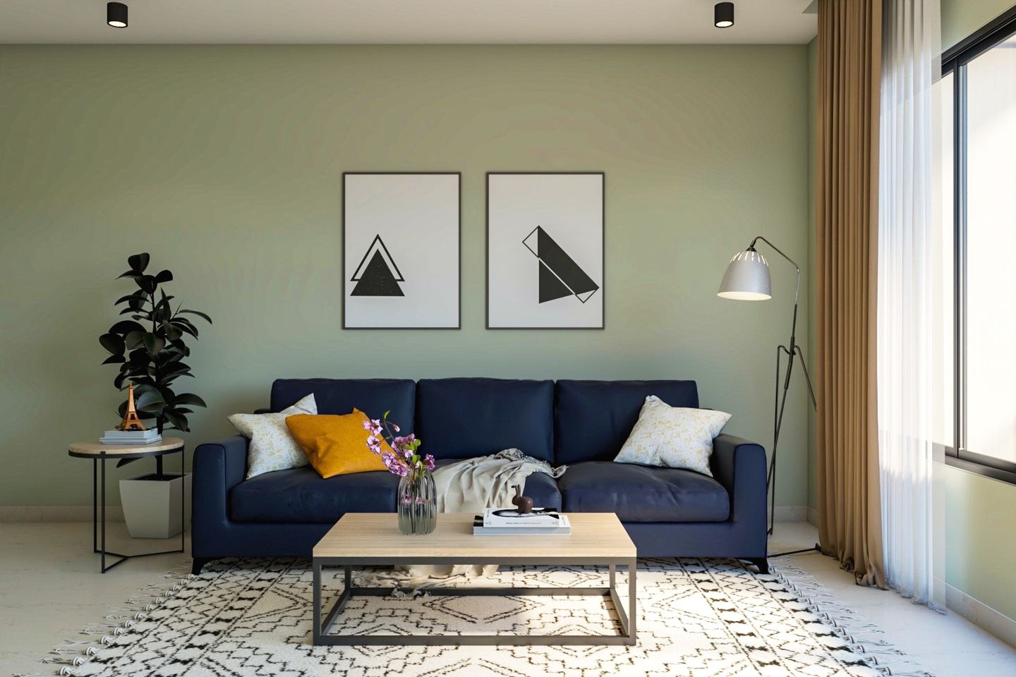 Living Room Design With Dark Blue Sofa - Livspace