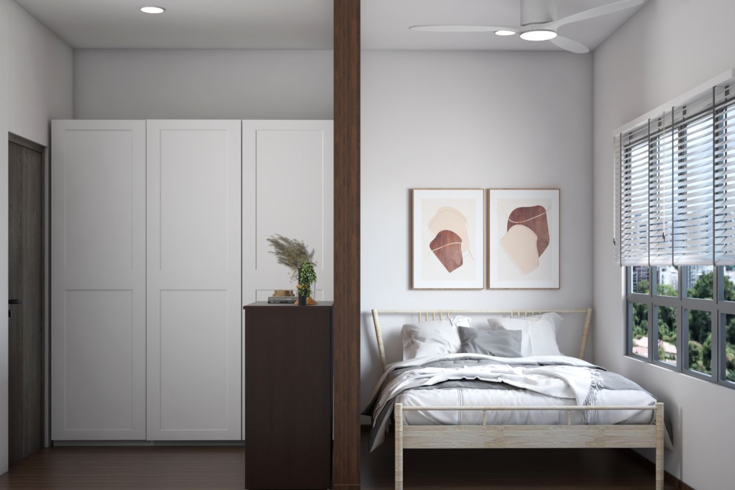 Scandinavian Bedroom Design With A Light Wooden Bed And A White Wardrobe - Livspace