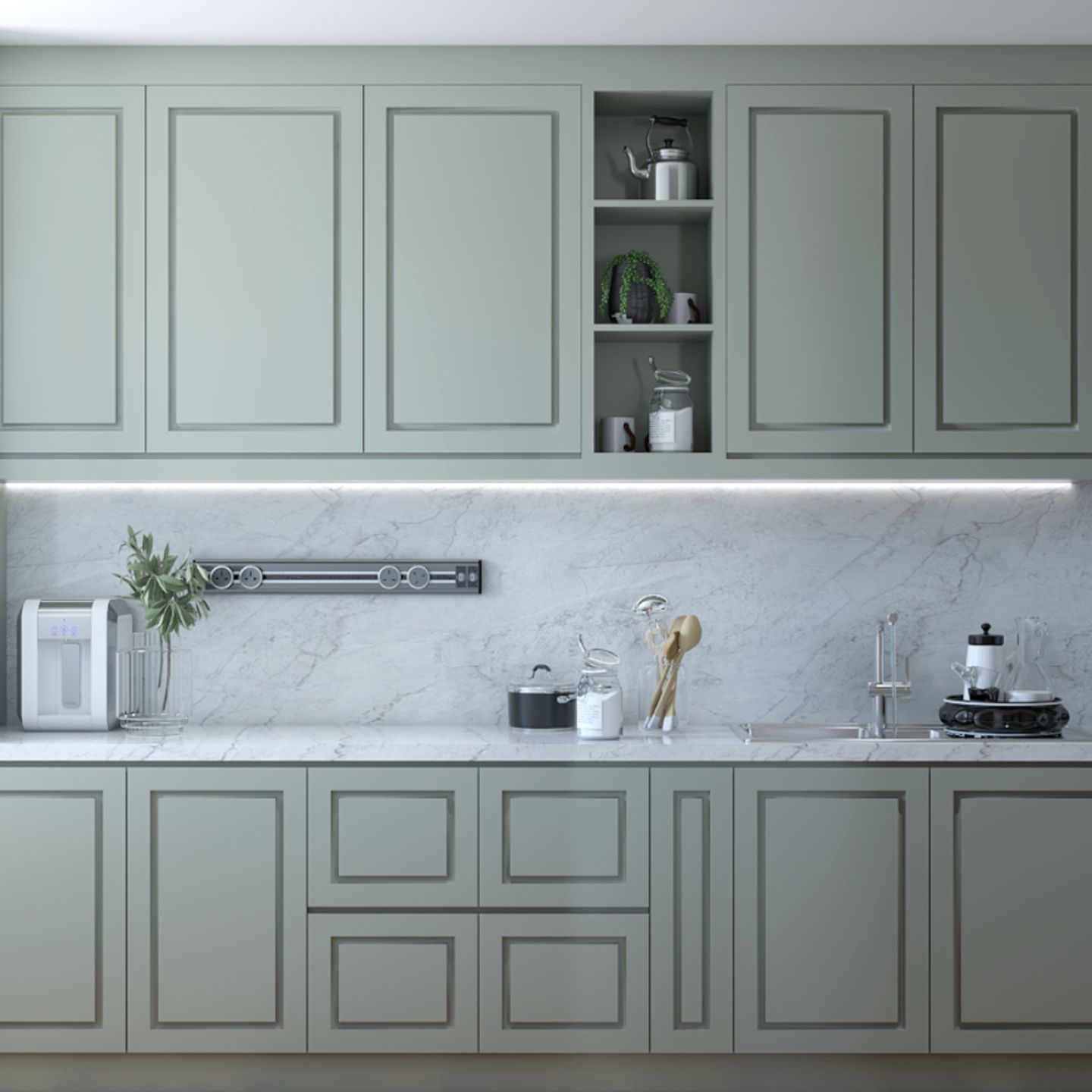 Glossy Marble Kitchen Tile Design In Light Grey - Livspace