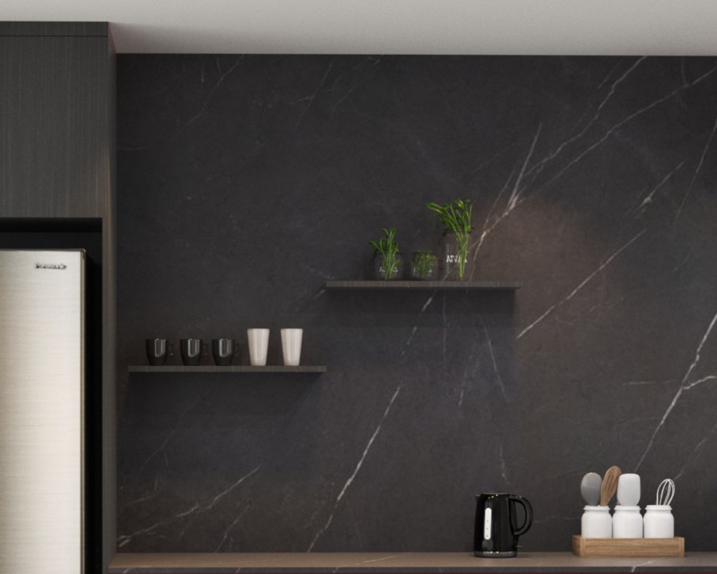 Quartz Tile Design For Kitchen Backplash In Black - Livspace