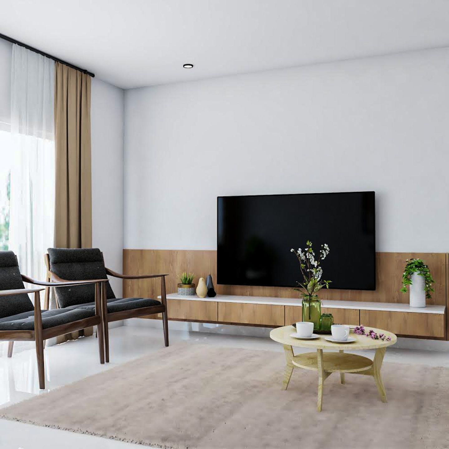 Scandinavian Brown TV Unit Design with Sleek Drawers and Semi Wall Panel - Livspace