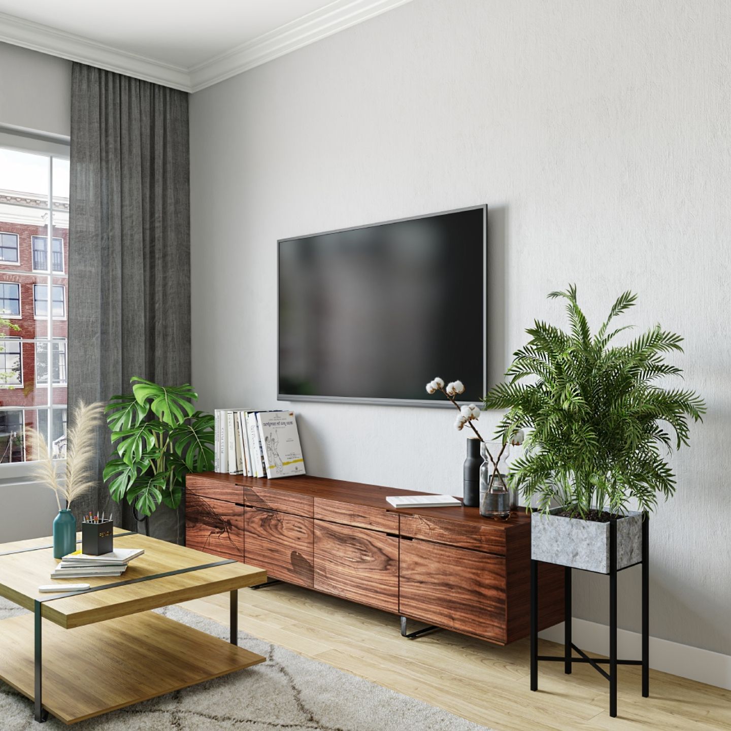 Brown Wooden TV Unit Design With Drawers - Livspace